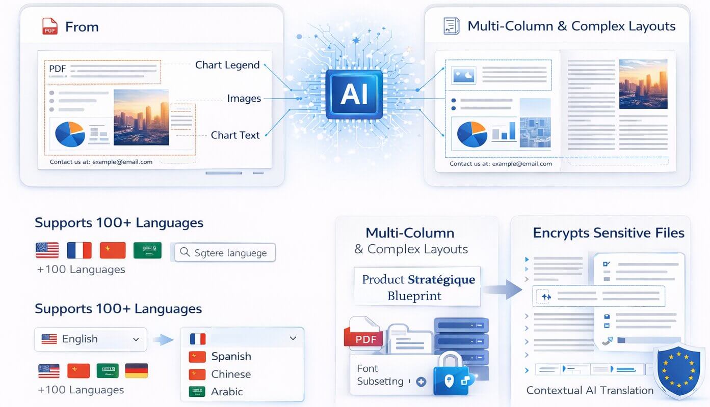 Features of PDF translation software including multi-column layout and table preservation