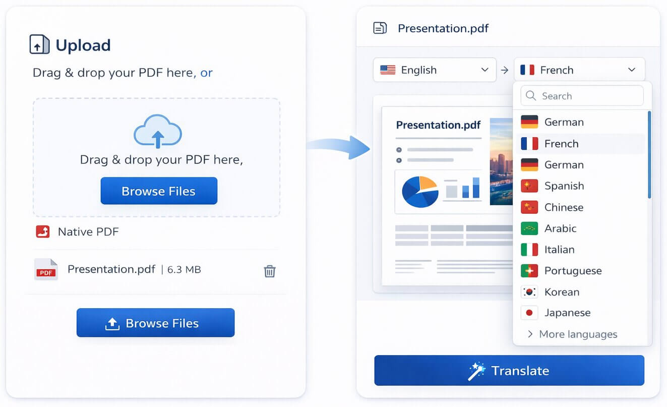 PDF translation application converting a document while preserving page formatting
